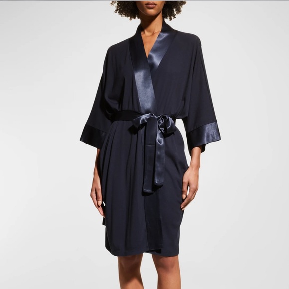 pj harlow Other - Pj Harlow Shala rib knit kimono robe satin belt trim M/L navy blue silk USA